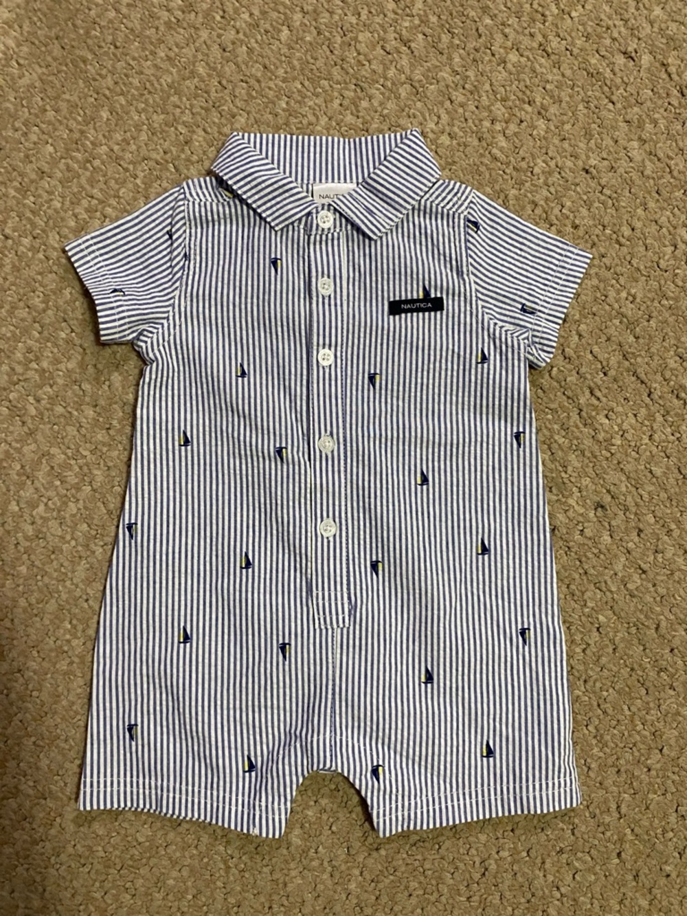 Nautica baby boys size 3mo- 6 mo Blue & White Striped Sailboat summer  Romper